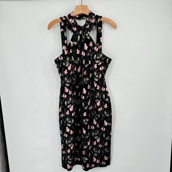 Bebe Floral Print Halter Black & Pink metallic floral Midi Dress size 12 womens - Picture 9 of 10